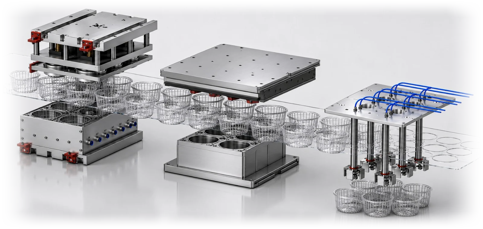 A Yong Heng multi-station thermoforming mold shown with the formed cups it produces.