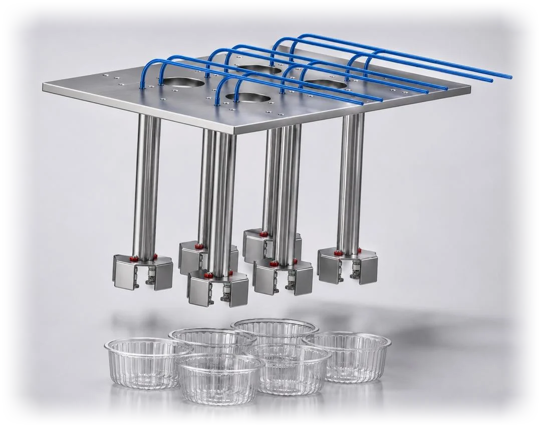 A Yong Heng thermoforming mold plug-assist plate above the cups it forms.