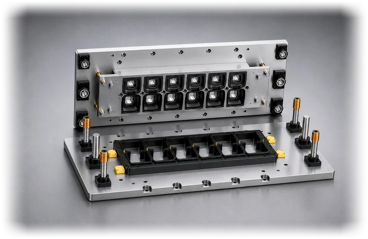 A Yong Heng inline punch and die stamping mold on its base plate.